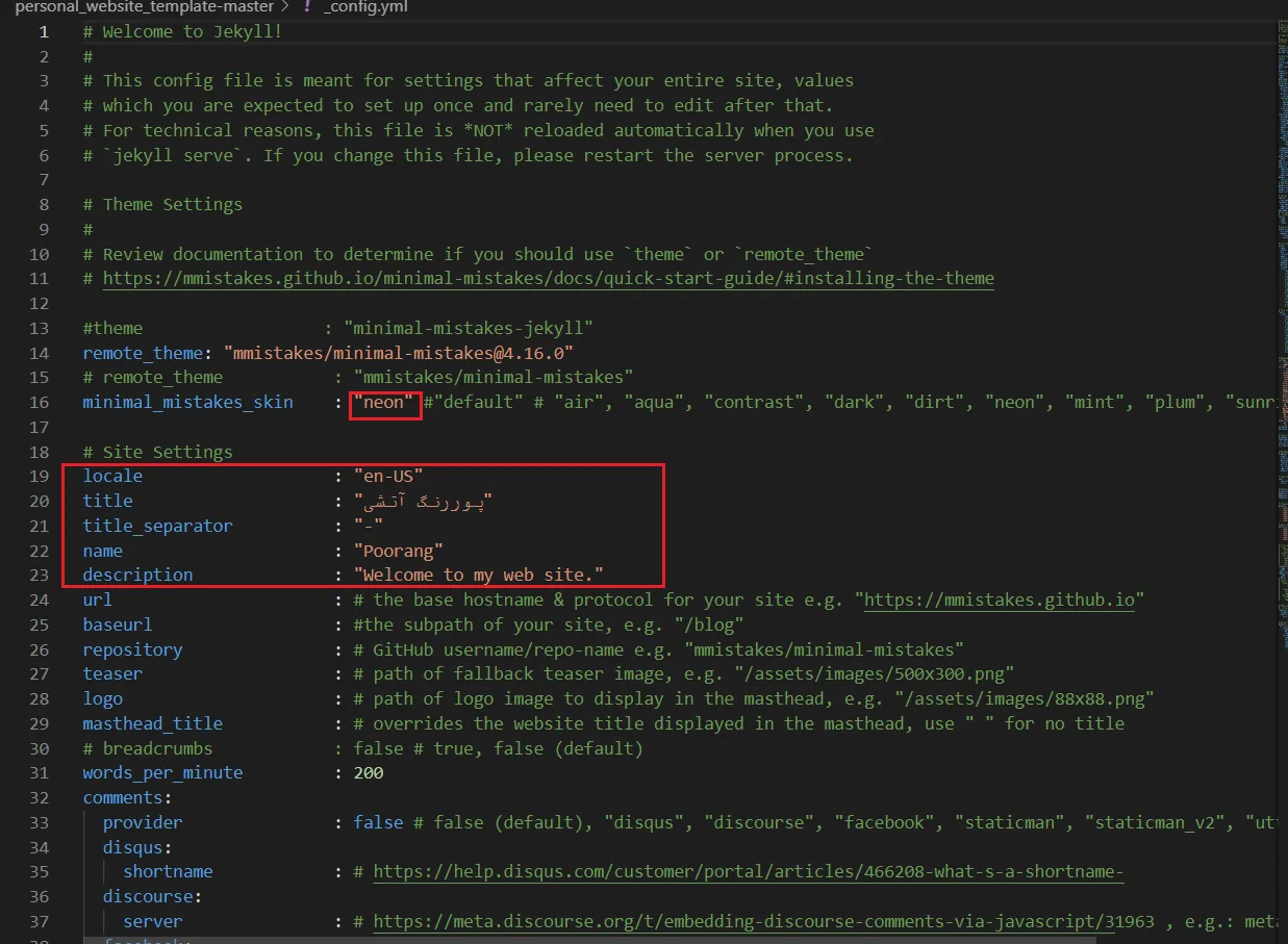 Site settings in _config.yml