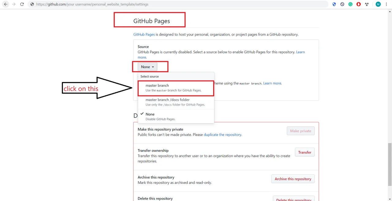 GitHub Pages source set to master branch