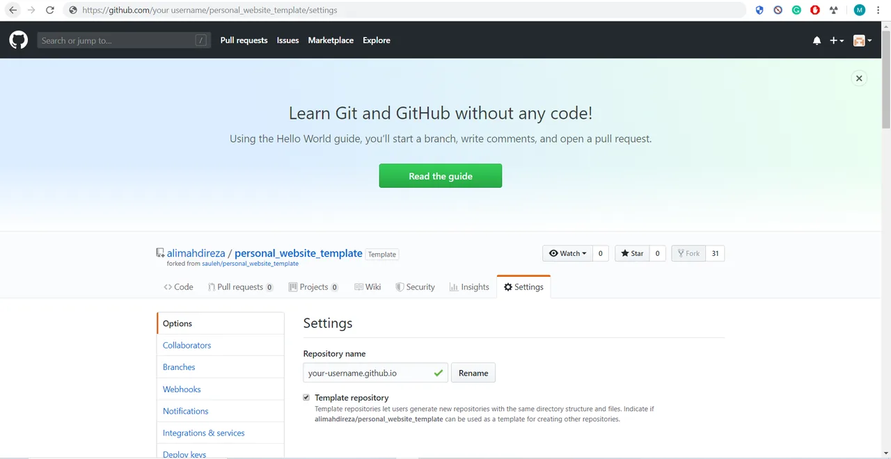 Repository name field set to yourusername.github.io