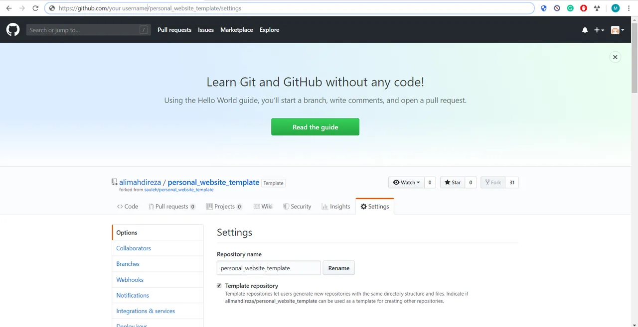 The repository settings page